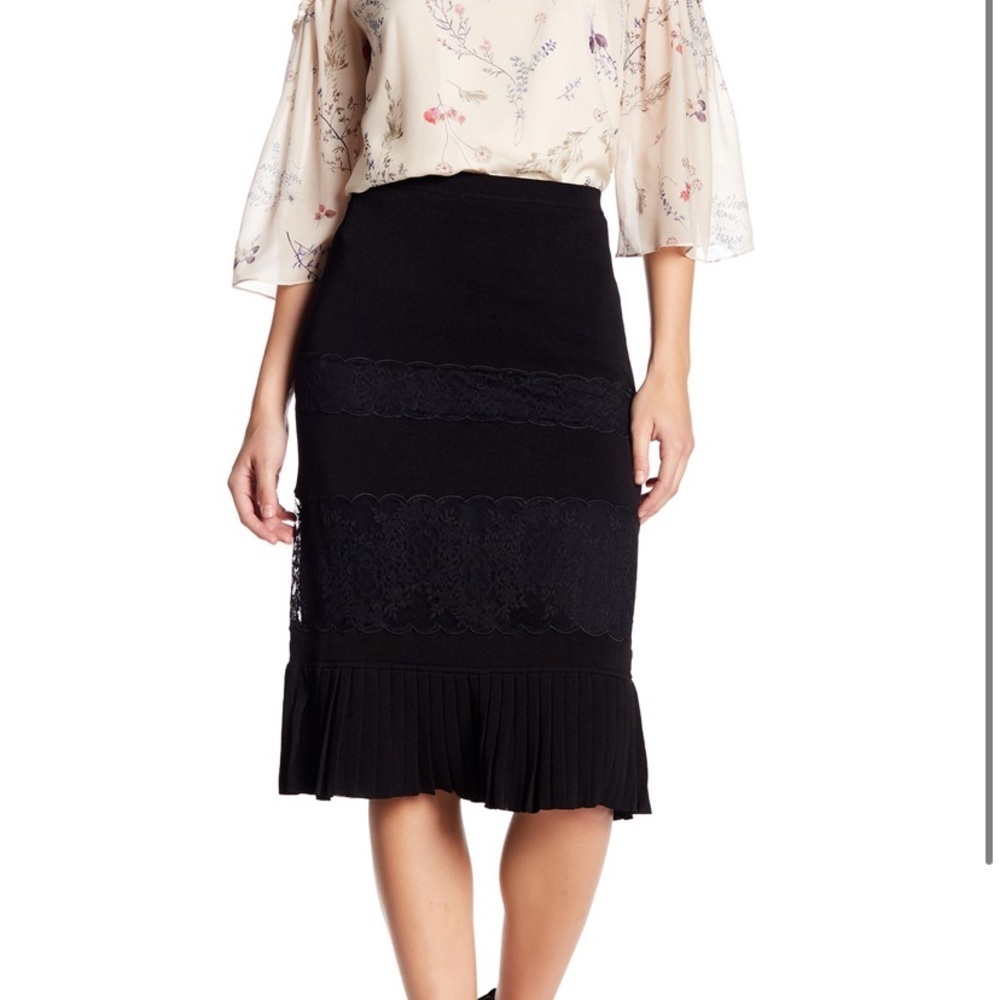 Rachel Zoe Black Lace Fringe Midi Skirt XS NWT $425 Rikki Pleated Knit Workwear